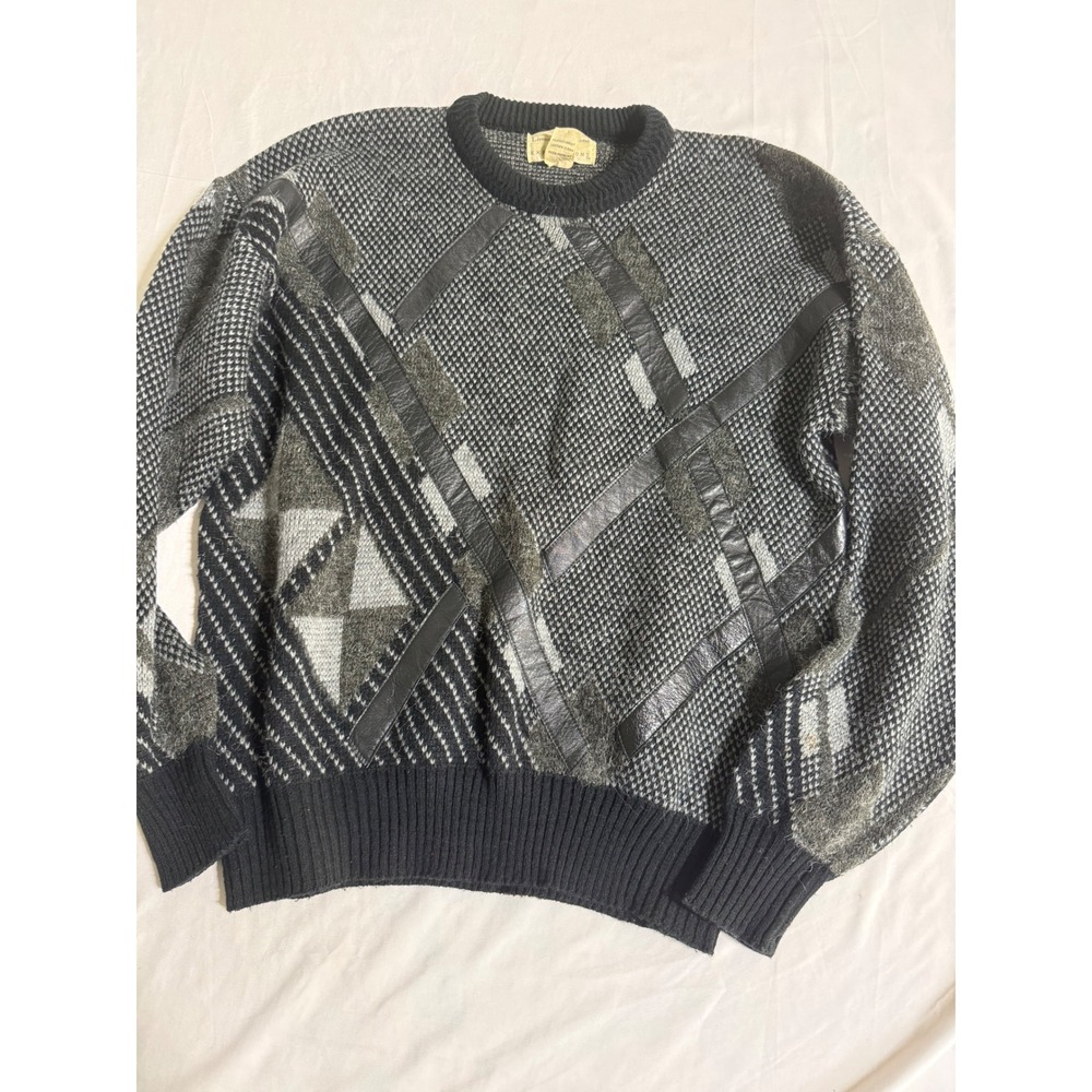 Vintage Limited Editions Expressions Grey Geometric Knit Leather Sweater 90's